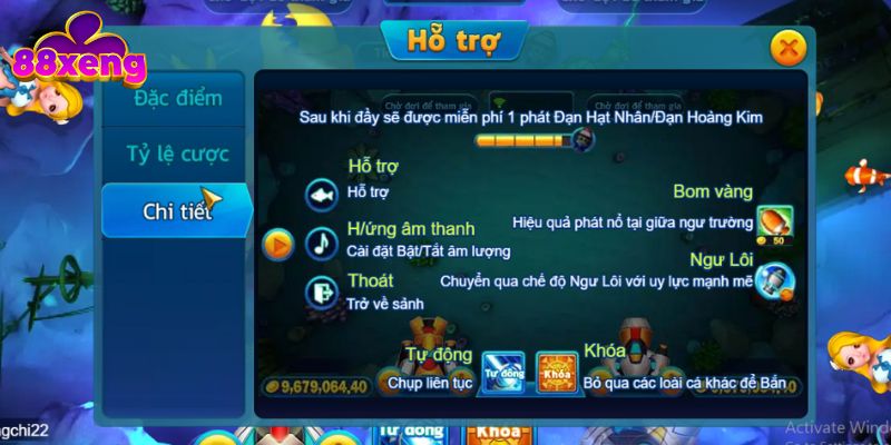 Giao diện về những tính năng trong Bombing Fishing
